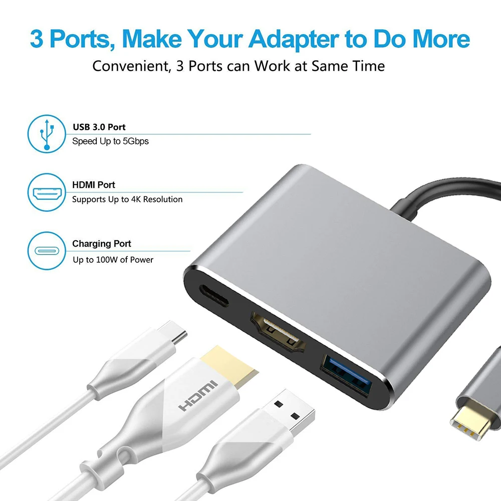 4K 3 в 1 портативный конвертер адаптер USB-концентратор Алюминиевый USB 3.0 Type-C к HDMI/USB