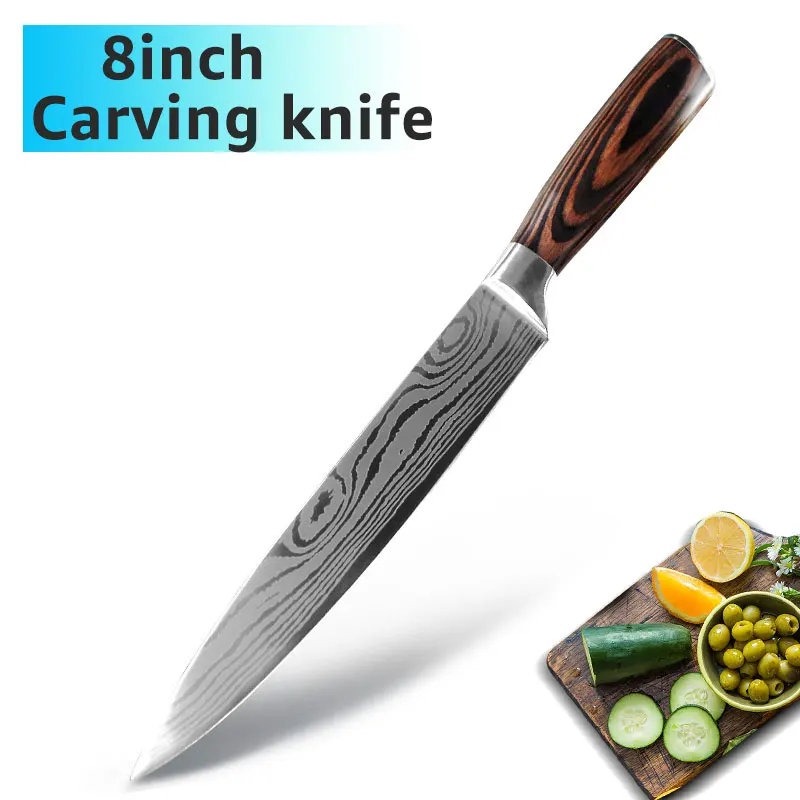 8 INCH CARVING Ножи шеф-повара 9 набор кухонных ножей 7CR17 440C из высокоуглеродистой нержавеющей стали дамасский рисунок Gyuto Кливер набор слайсер нож сантоку - Цвет: 8 INCH CARVING