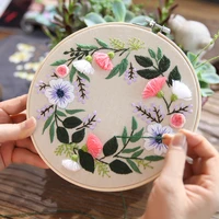 flower diy embroidery kit with bamboo hoop handwork needlework for beginner cross stitch ribbon painting sewing art home decor