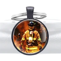 classic brave firefighter emergency rescue keychains fashion glass dome key rings gifts