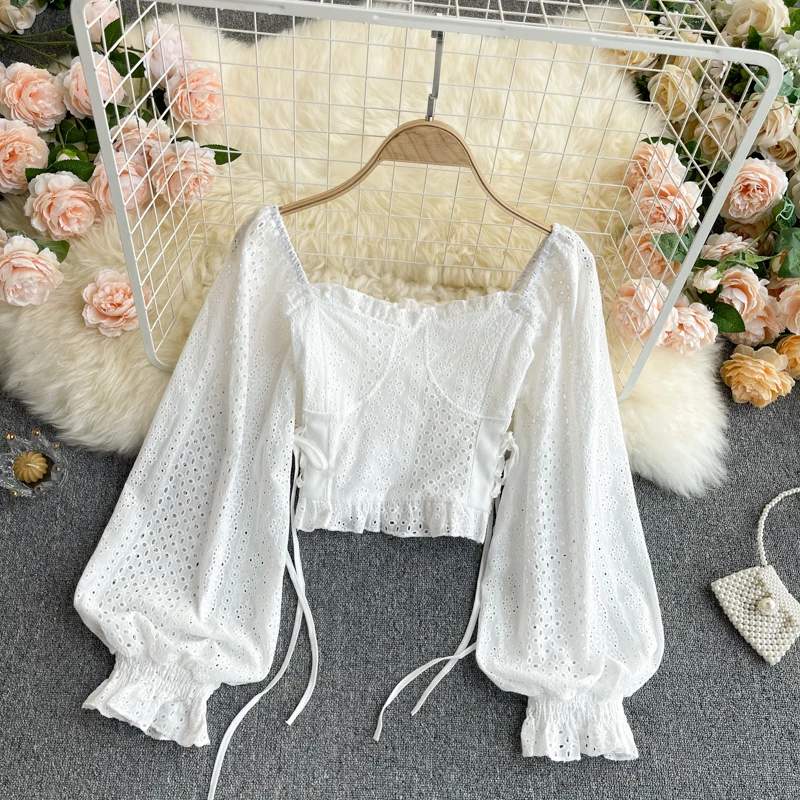 

2021 Spring Summer New Temperament Chic Blouse Women's Square Collar Puff Sleeve Waist Was Thin Blusa Lace Shirt Top