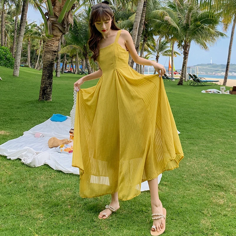 

Summer 2021 Runway Elegant Party Dress Maxi Korean Tropical Beach Vacation Sundress Women Yellow Green Long Backless Slip Dress