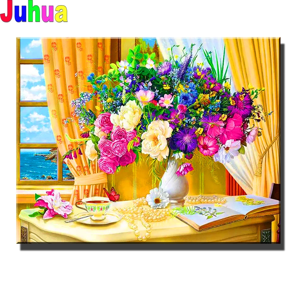 5D DIY Diamond Painting Vase of flowers Full Square Round Diamond Embroidery Window scenery Mosaic Handmade Craft Sticker