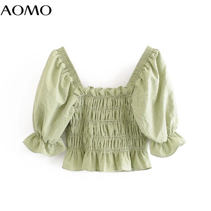 

AOMO women green plaid crop cotton shirts short sleeve vintage style ladies casual blouses tops 3H883A