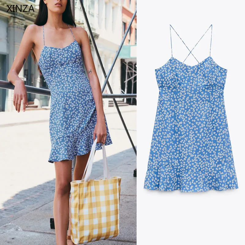 

Za 2021 Summer Print Blue Dress Women Sleeveless Straps Backless Sexy Sundress Woman Fashion Side Zip Ruffle Hem Mini Dresses