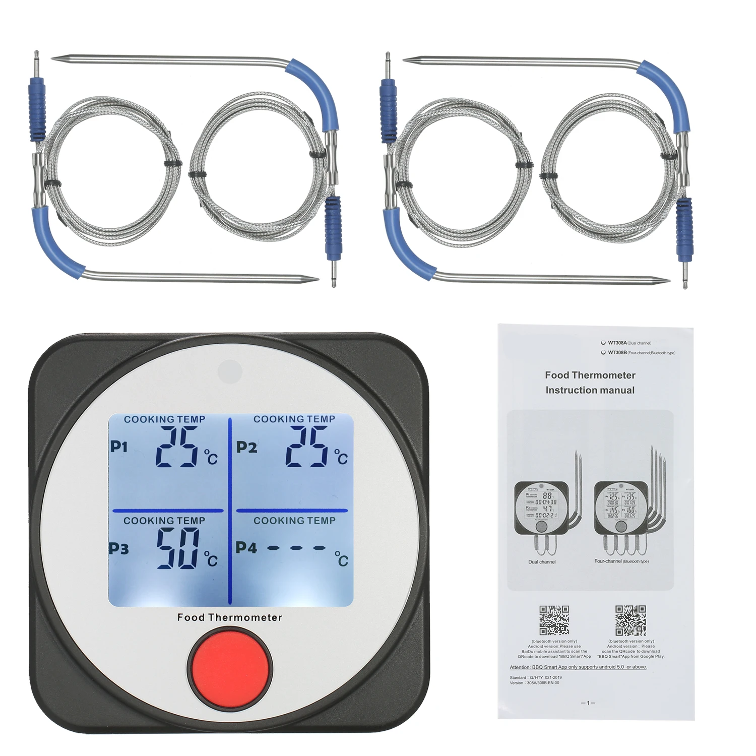 

WT308B BT Meat Thermometer Food Thermometer with Wireless Remote Control Timer Alarm for BBQ Food Cooking Grill