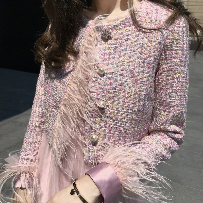 [MENKAY] перо с длинным рукавом жемчужная пуговица Розовый сладкий короткий жакет