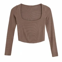 autumn women square collar knitting short t shirt casual femme o neck long sleeve crop tops t1380