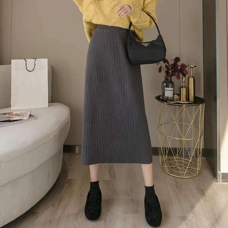 Облегающая модная эластичная Женская рабочая вязаная юбка длинные модные зимние