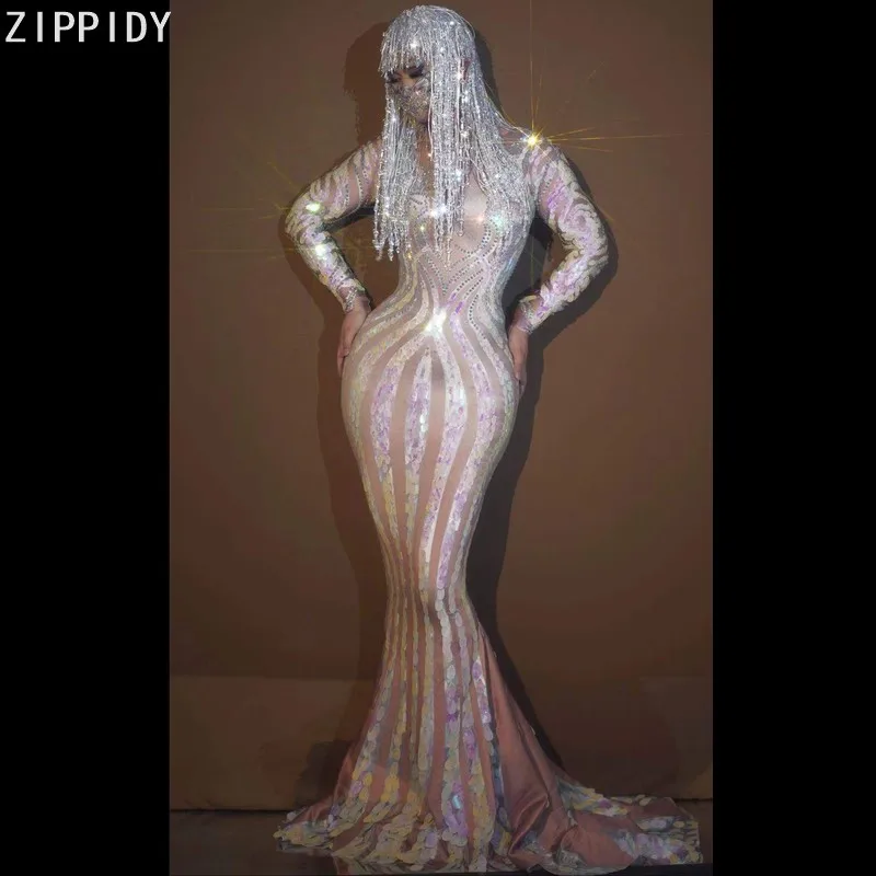 

Bright Colorful Stones Sequins Dress Birthday Celebrate Mermaid Outfit Prom Club Female Singer Spandex Long Dresses