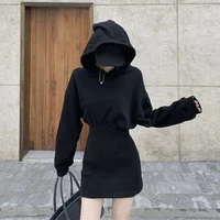 houzhou black hooded mini dress women long sleeve autumn winter casual korean fashion dresses high street sexy streetwear