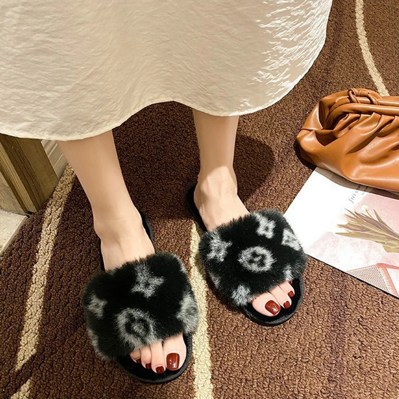 

Bailamos Winter Women House Slippers Faux Fur Fashion Warm Slides Shoes Female Flat Heel Home Furry Slip On Indoor Flip Flop
