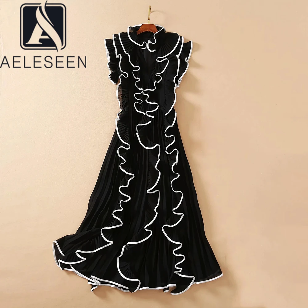 

AELESEEN Runway Fashion Summer Dress 2021 New Arrival Ruffles Black Yellow Red Pleated Holiday Long Dress