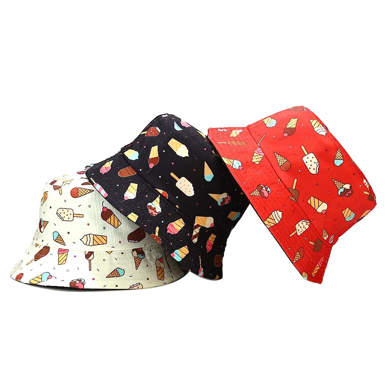 

Summer Ice Cream Print Panama Bucket Hats For Women Fashion Reversible Bob Chapeau Femme Hip Hop Cap Gorro Men Fisherman Hat