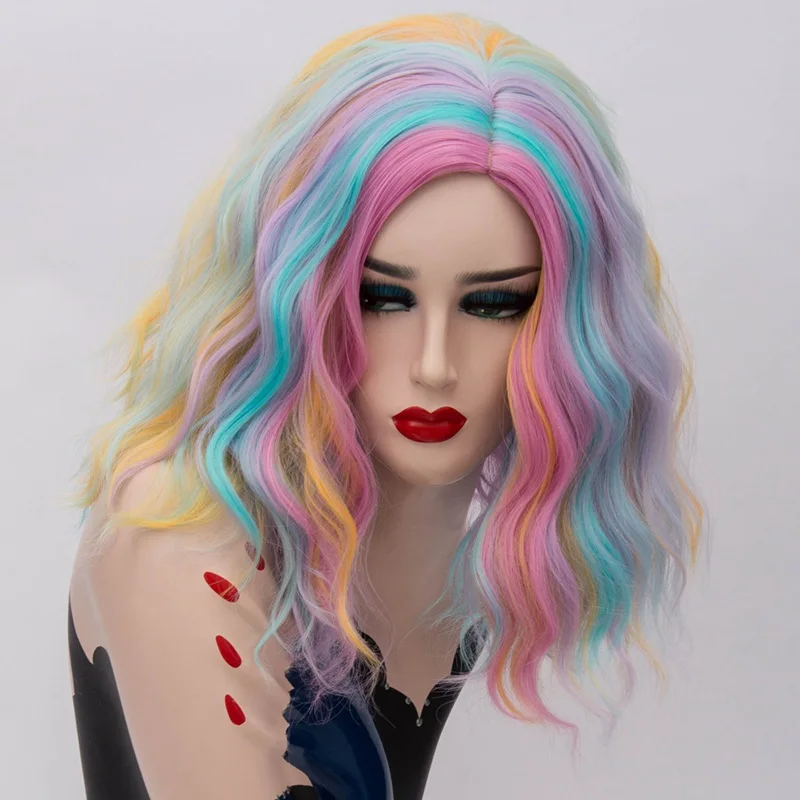 pinkb yellow MSI парики Короткие Косплей парики для женщин цвет радуги волнистые парики сторона Центральная линия волос Cos синтетический розовый чистая Омбре волос - Цвет: pinkb yellow