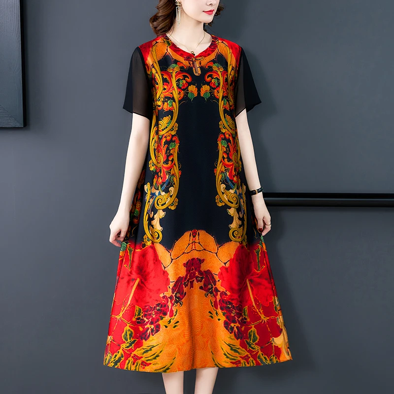 Женское винтажное платье-миди из шелка тутового шелкопряда с цветочным принтом |