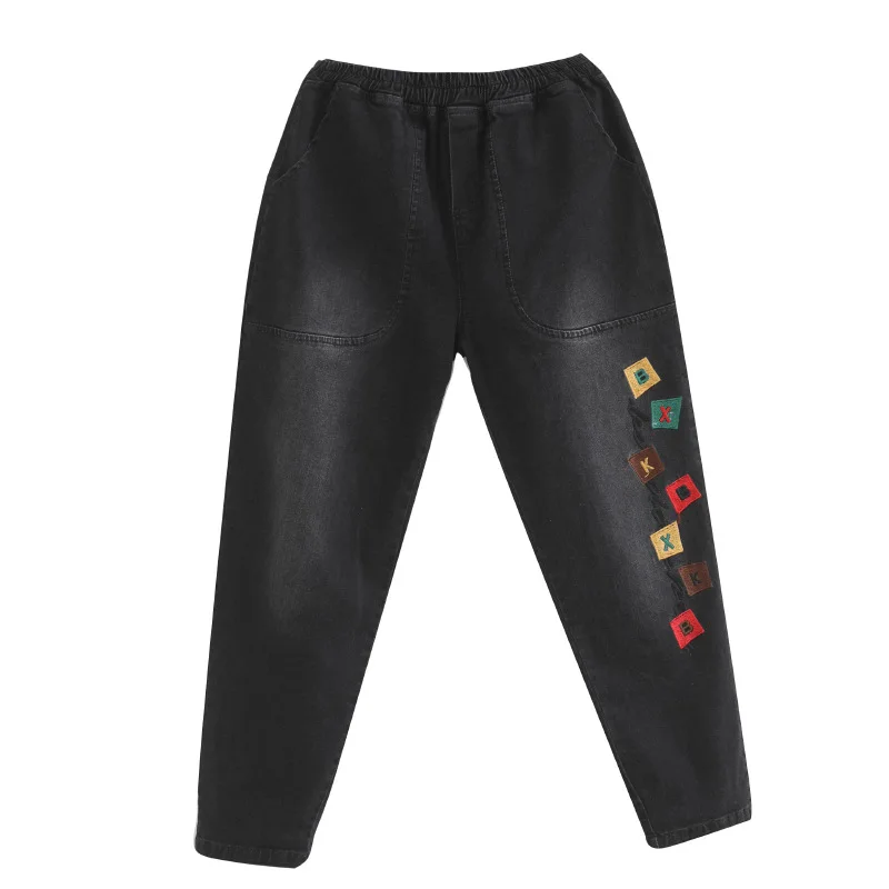 

Women Spring New Fashion Korea Style Vintage Large Size Letter Embroidery Denim Pants Office Lady Elastic Waist Harem Jeans