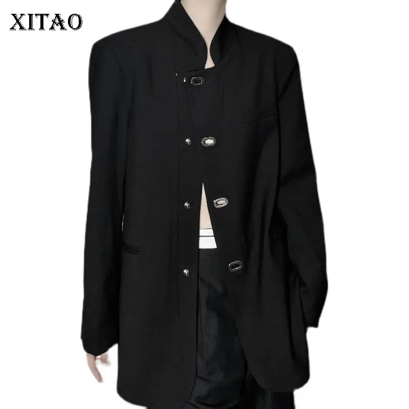 

XITAO/Черный блейзер, модный, длинный рукав, маленький, свежий, новинка, однобортный, воротник-стойка и диагональная Металлическая пуговица, Бл...