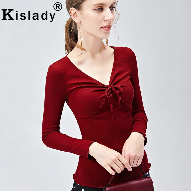 Kislady 2020 осенние женские тонкие футболки на шнуровке с бантом длинным рукавом