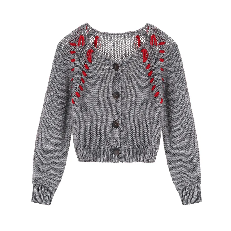

Grey Cranberry Color Matching Sweater Short Knit Top Women Cardigan