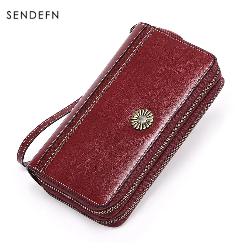 

Sendefn Leather wallet Wristband Double Zipper Women Wallet Long Large Capacity Wallets Female Clutch Phone Pocket Card Holder