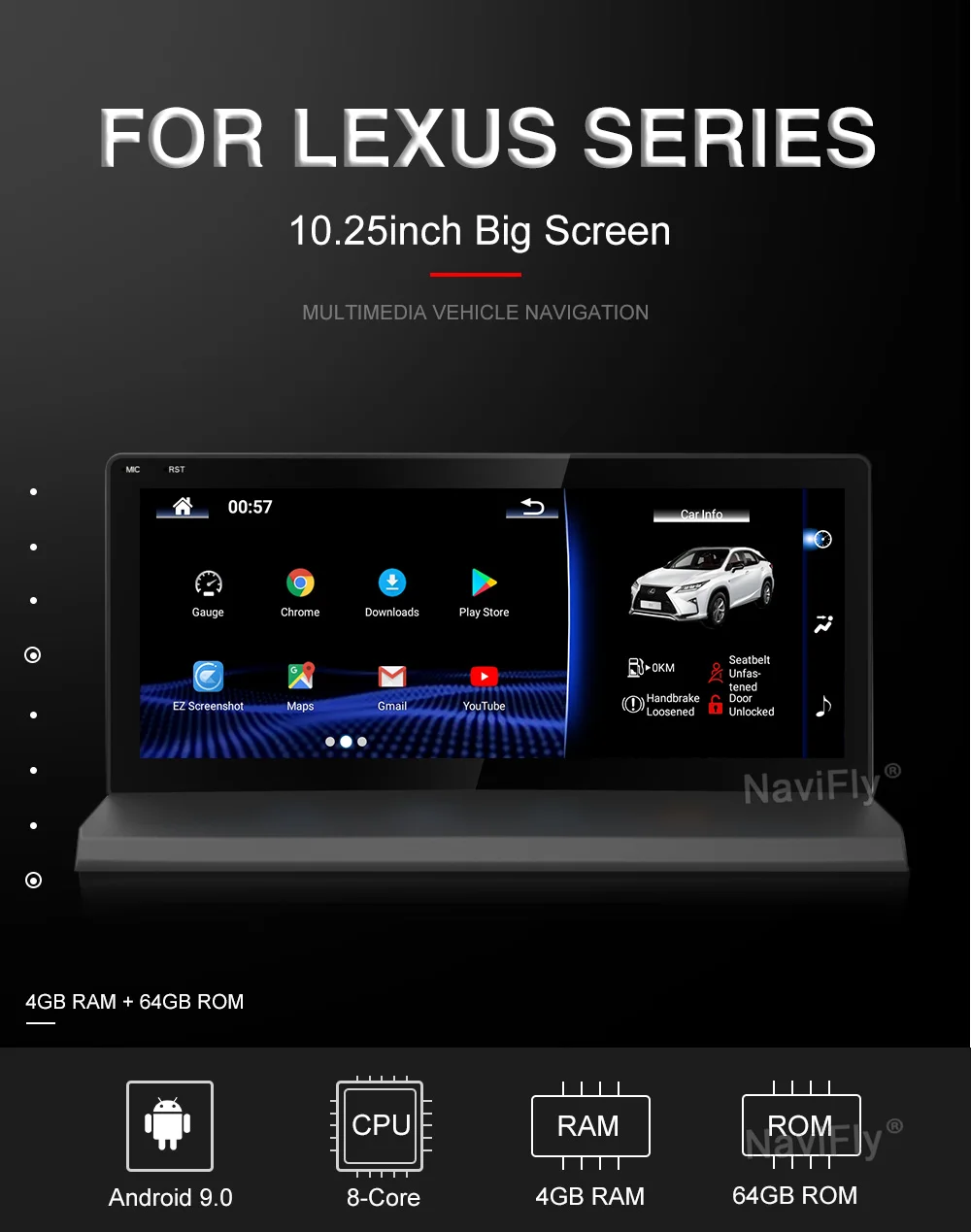 Автомобильный DVD-плеер с радио и аудио для Lexus NX 200t 300h nx200T на Android 9.0 с объемом памяти 4+64 ГБ и разрешением экрана 1920*720 поддерживает GPS, Bluetooth, Wi-Fi, CarPlay, камеру DVR и DAB.