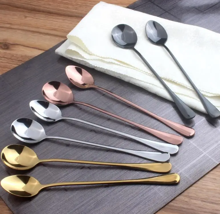 

Stainless Steel Spoon Golden Color Electroplated Long Ice Spoon Stir Coffee Spoon Tableware Hotel Supplies Wholesale