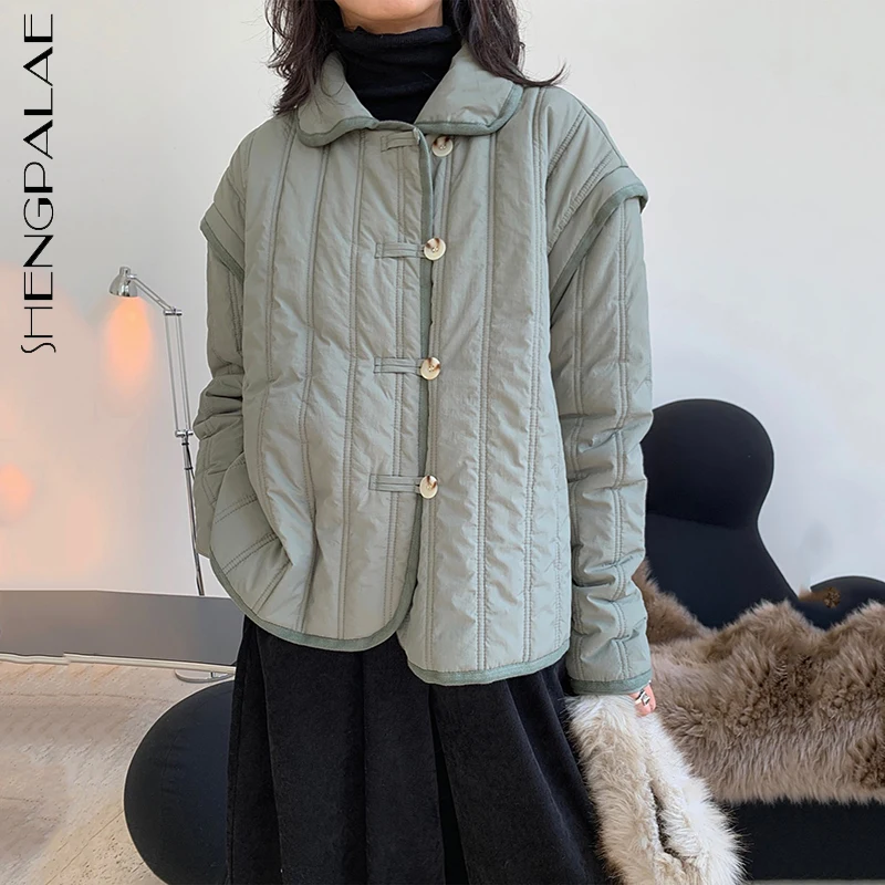 

SHENGPALAE Fashion Solid Color Cotton Padded Jacket Women's Winter 2021 New Lapel Loose Single Braested Long Sleeve Parker Coat