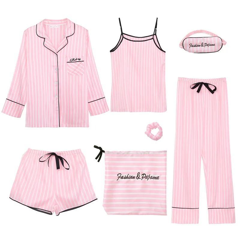 

Pink Women's 7 Pieces Pajamas Sets Faux Silk Striped Pyjama Women Sleepwear Sets Spring Summer Autumn Homewear Nightie Suit