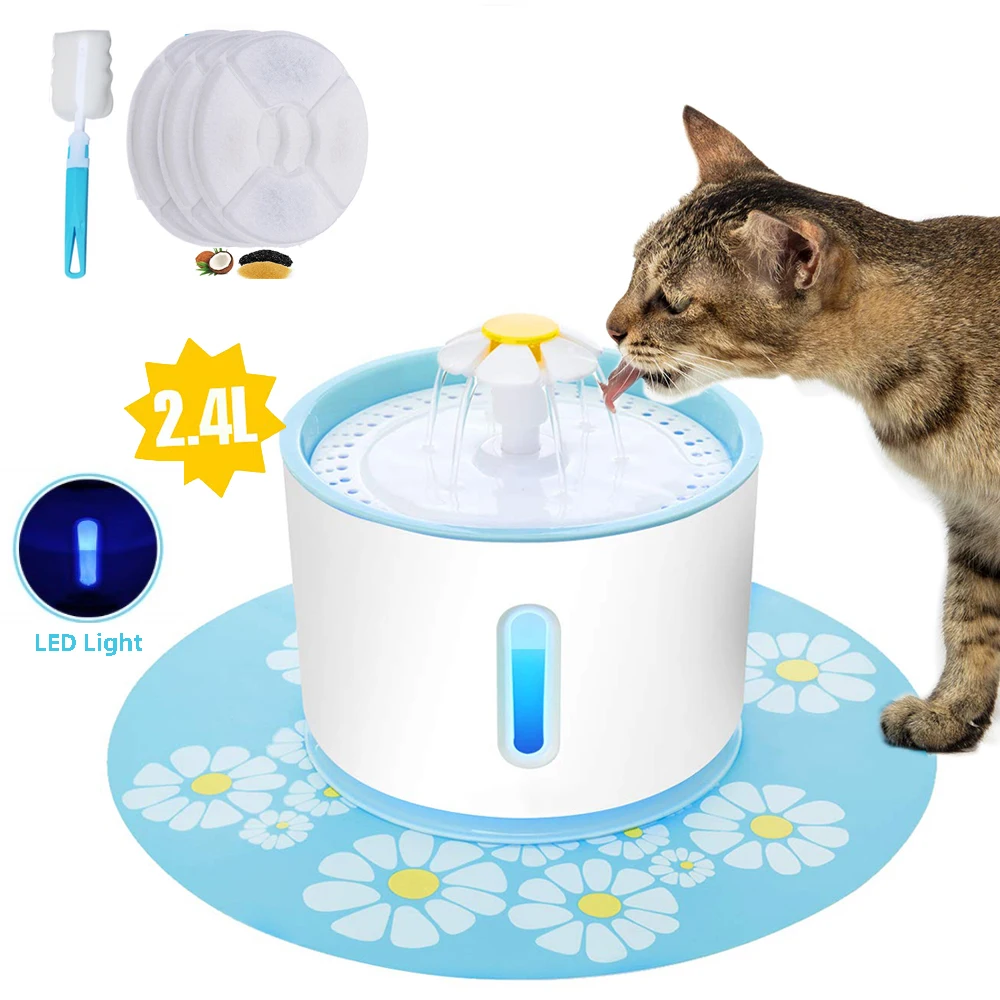 

Automatic Pet Cat Water Fountain LED Light 2.4L USB Dog Drinker Feeder Drinking Bowl Dispenser With 3 Carbon Filters and 1 Brush