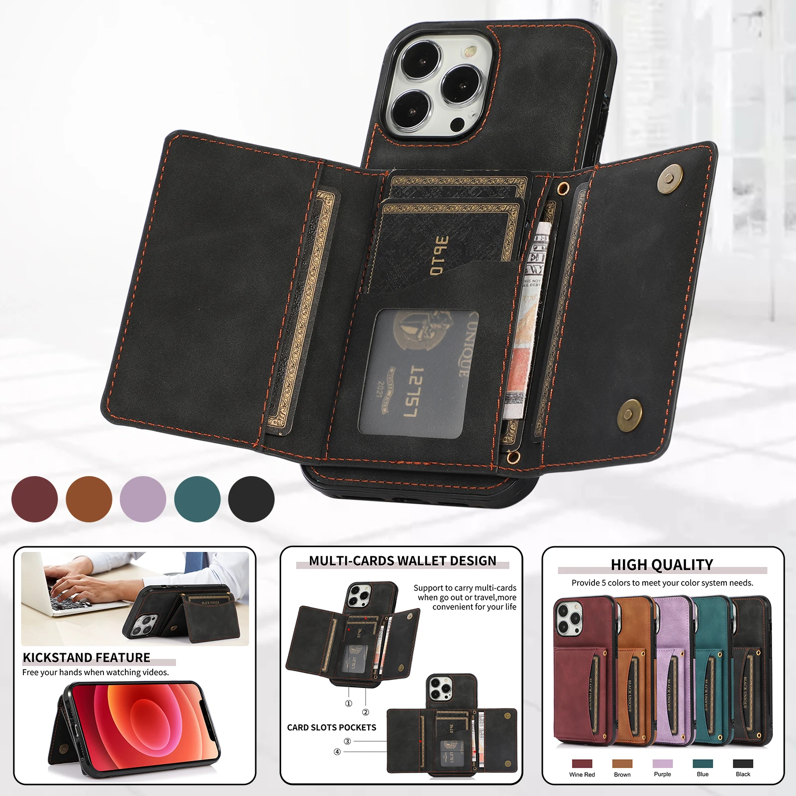 

Multi Card Slots Phone Case for iPhone 13 Mini 11 12 Pro Max 8 7 6S Plus SE 2020 XR X XS Wallet Leather Protect Shockproof Cover