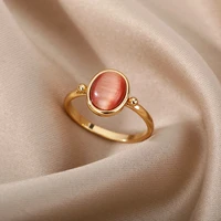 red opal rings for women stainless steel gold color finger ring couple wedding band vintage aesthetic jewelry anillos mujer