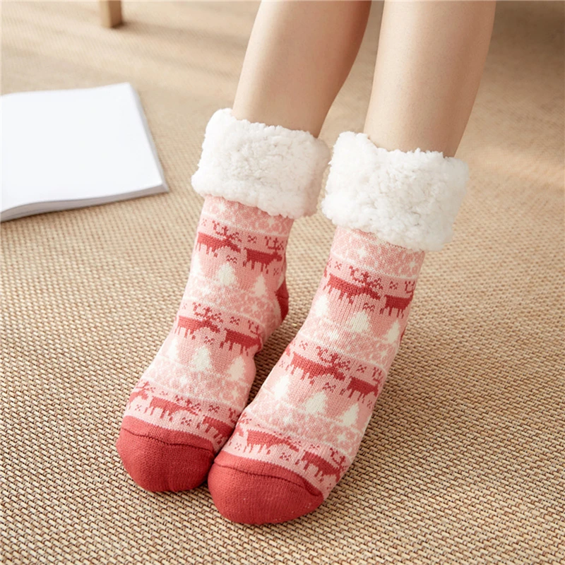 

Autumn Winter Women Slippers Home Socks Christmas Cartoon Elk Floor Socks Plush Velvet Non-slip Carpet Fluffy Warm Socks