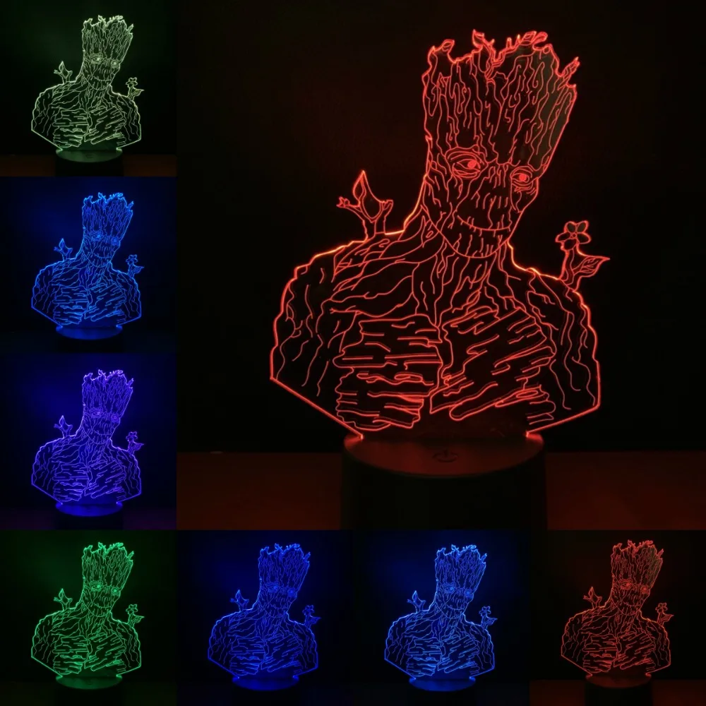 Мультфильм Groot 3D Светодиодная лампа USB лампа 7 цветов ночник для дома спальня настольная Современная креативная лампа акриловая пластина сенсорная дистанционная база