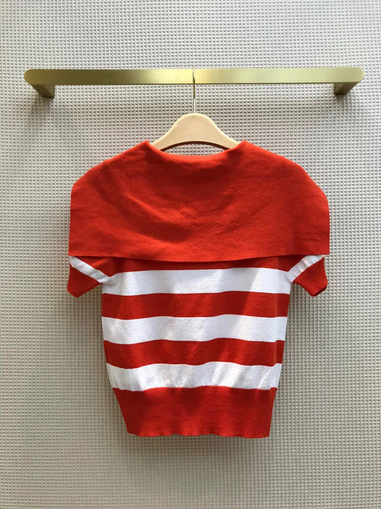 2021 Summer 100% Cotton Knit Shirt Streetwear Women New Naval Academy Striped Bowknot Lapel Bow Short Sleeves Casual Top Sweater