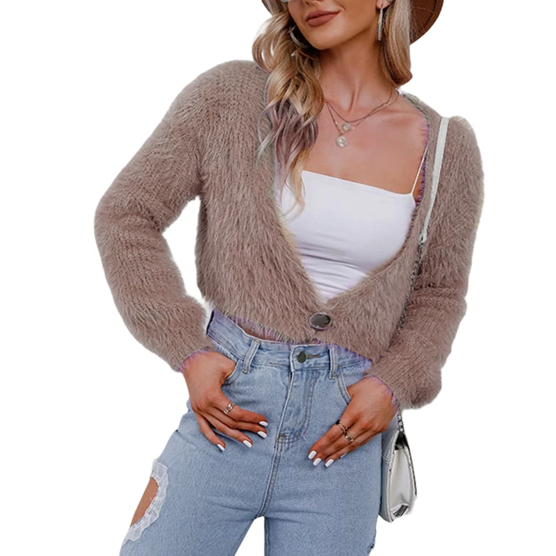 

Mohair Cardigans Women Tops Fall Women'S Loose Casual V Neck Short Cardigan Top Long Sleeve Plush Knit Sweater