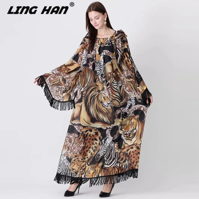 

LINGHAN Vintage Print Loose Maxi Dress Women Fashion Tassel Flare Sleeve long Dresses Designer Spring Summer New