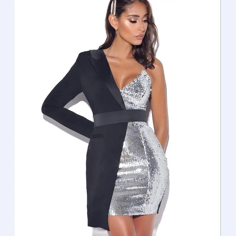 Robe Femme лоскутное зимнее платье с одним плечом 2019 сексуальное хлопковое v-образным