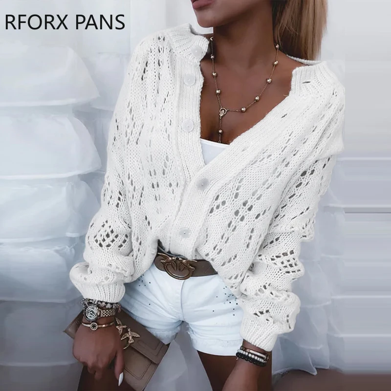 

Women Casual Chic Solid Hollow out Long Sleeves Loose Sweat White Sweater Tops