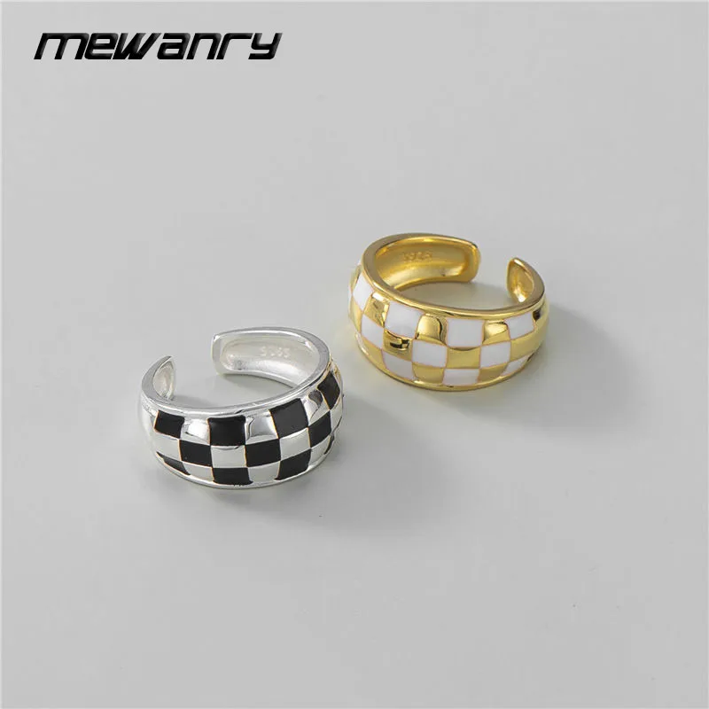 

MEWANRY 925 Sterling Silver Rings Checkerboard for Women Trendy Design Personality Creative Opening Simple Party Jewelry Gifts