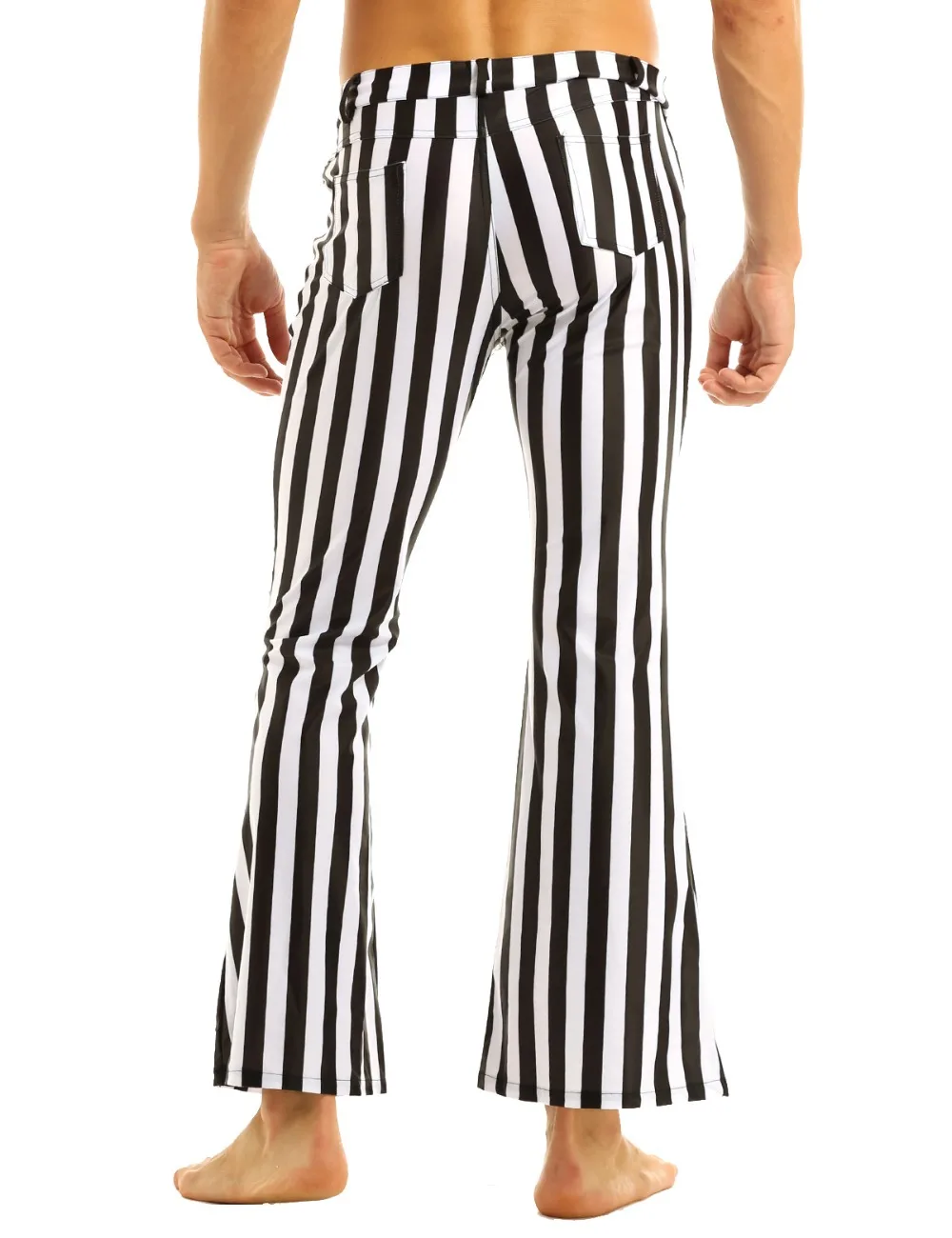 Adult Men Vintage Striped Long Pants Male Retro Mid Waist Elastic Flares Trousers Homme Party Stage Dance Costume Club Clothing