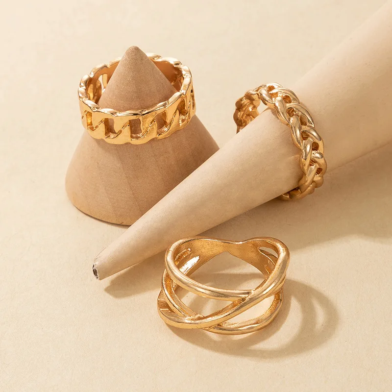 

3 Pieces/set of Fashion Geometry Contracted Ring Individuality Exaggerated Punk Wind Metal Ring Hollow Twist Cross Ring Bague
