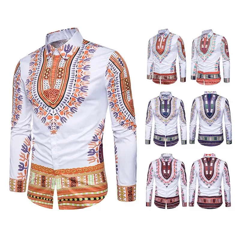 Мужская рубашка в стиле хип хоп 5 цветов с геометрическим принтом длинным