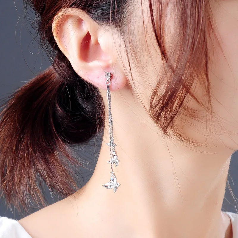 Korean version of the cold wind butterfly earrings fashion niche flowers long paragraph super fairy temperament earring | Украшения и