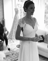 romantic lace v neck a line wedding dress backless short sleeve applique tiers bohemian tullle bridal gowns