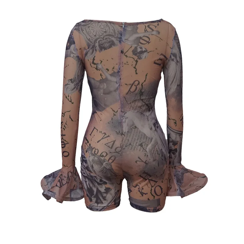 

Ruffle Sleeve Bodysuit Women Print Mesh Rompers Bodycon Playsuit Overalls Perspective Bandage Bodycon Body Jumpsuit For Women