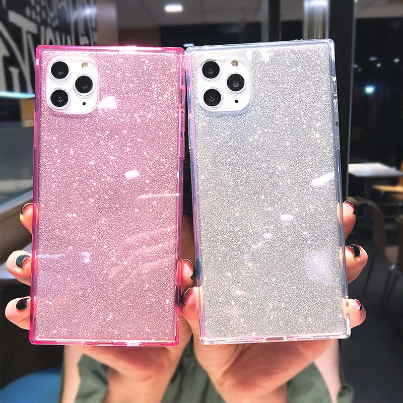 Square Fluorescent Color Glitter Phone Case For iPhone 14 Pro Max 13 12 11 X XS XR 7 8 Plus SE 2020 Transparent Soft TPU Cover