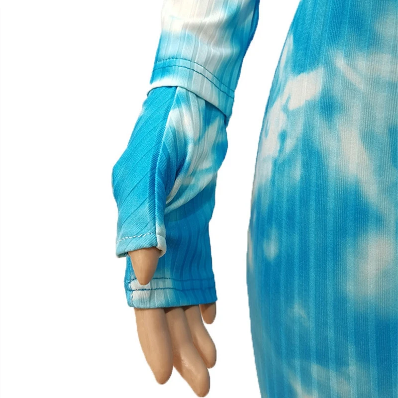 

Tie Dye Print Ribbed Knitted Zipper Jumpsuit Long Sleeve One Piece Outfit with Open Glove 2020 Women Fashion Fitness Rompers