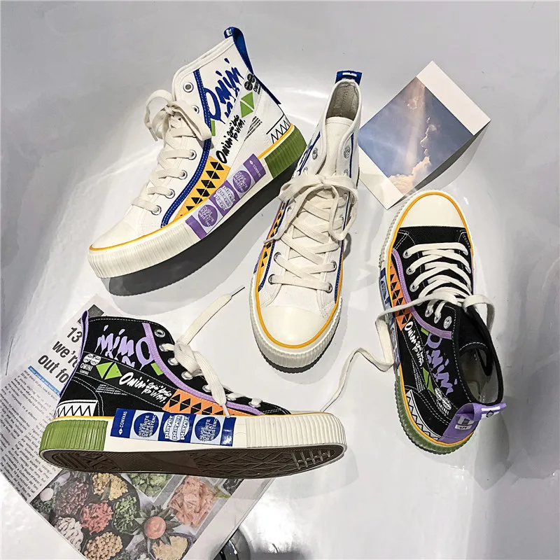 

SWYIVY Canvas Shoes Men Sneakers Graffiti High Top Male Sneakers 2020 Spring Chunky Sneaker Men Casual Shoes Fashion Trend Shoe