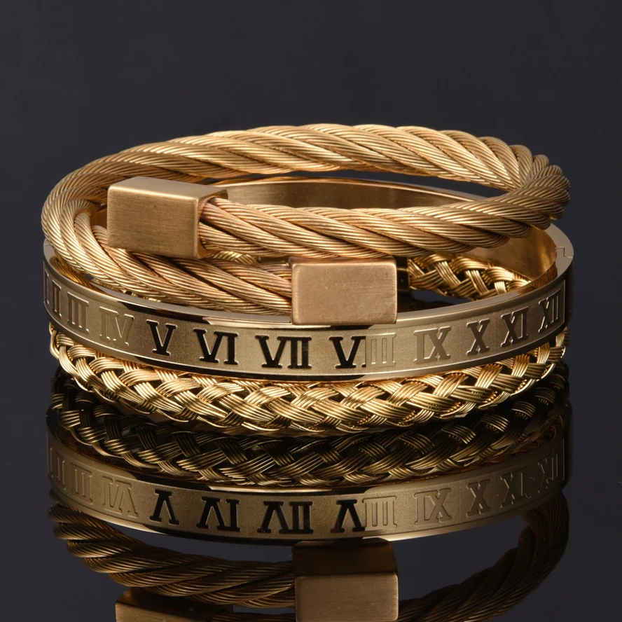

Fashion 3pcs/Set Stainless Steel Bracelet Hip Hop Men Jewelry Roman Number Charm Gold Color Jewelry For Men Pulseira Bileklik
